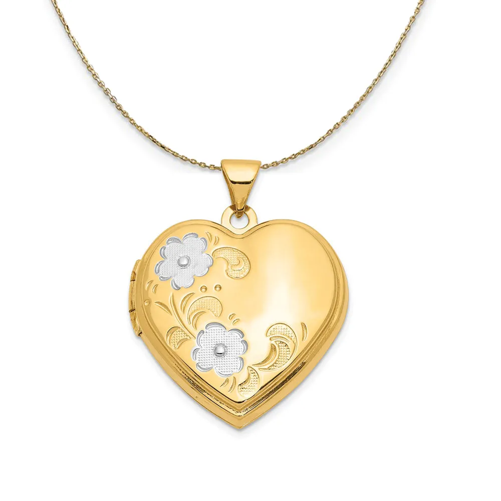 14k Yellow Gold & Rhodium 21mm Floral Heart Locket Necklace