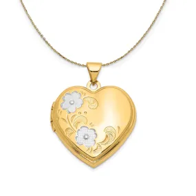 14k Yellow Gold & Rhodium 21mm Floral Heart Locket Necklace