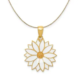 14k Yellow Gold 19mm White Enameled Daisy Blossom Necklace