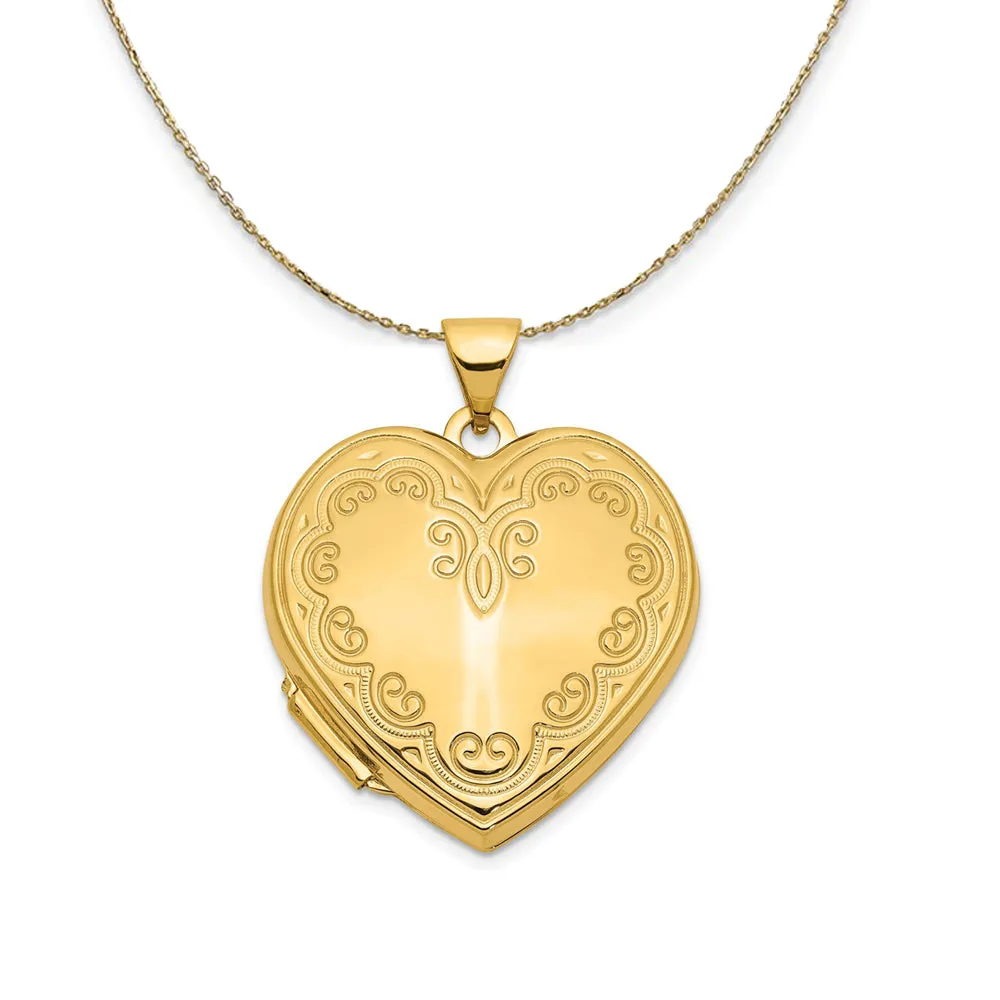 14k Yellow Gold 21mm Ornate Heart Locket Necklace