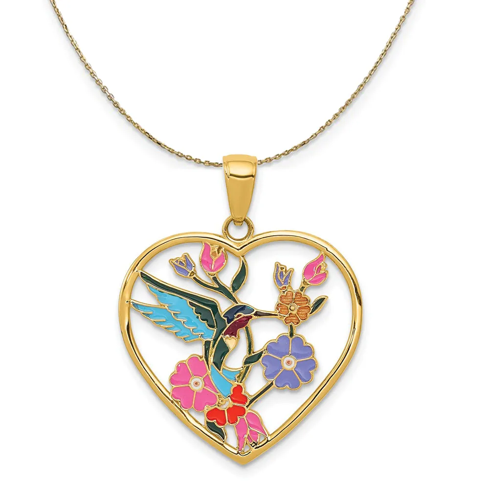 14k Yellow Gold 22mm Enameled Hummingbird Heart Necklace