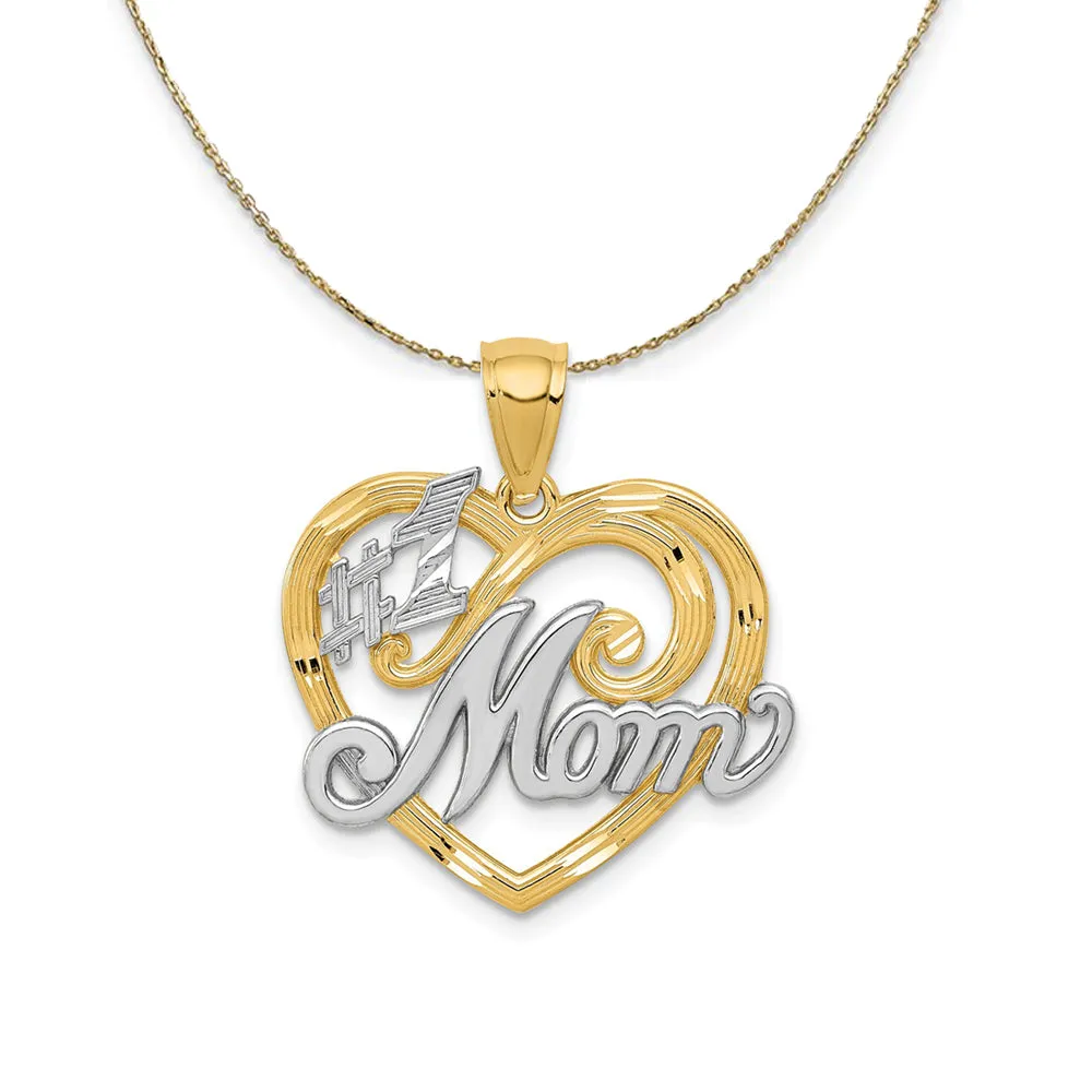 14k Yellow Gold and Rhodium #1 Mom Heart (21mm) Necklace