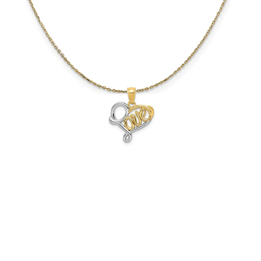 14k Yellow Gold and Rhodium 2-Tone Love Script Heart Necklace