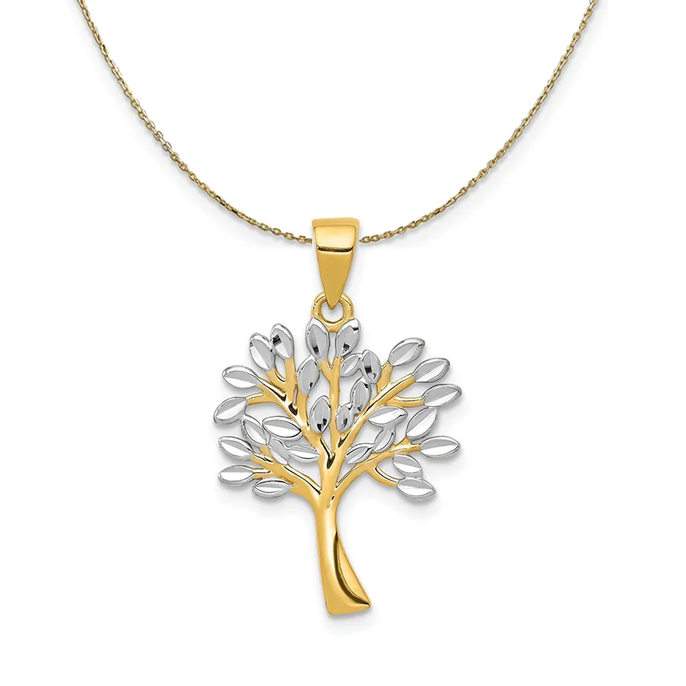 14k Yellow Gold and Rhodium Diamond Cut Tree Necklace