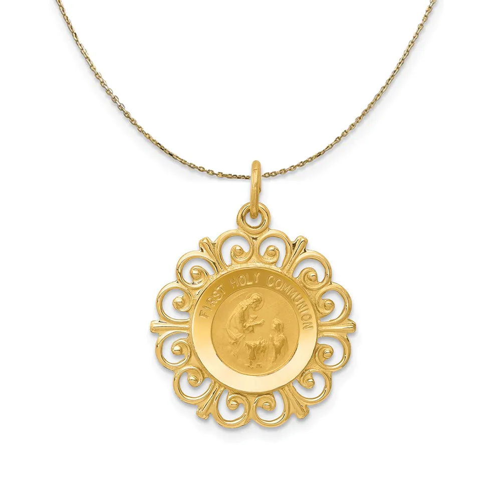 14k Yellow Gold First Holy Communion Filigree Necklace