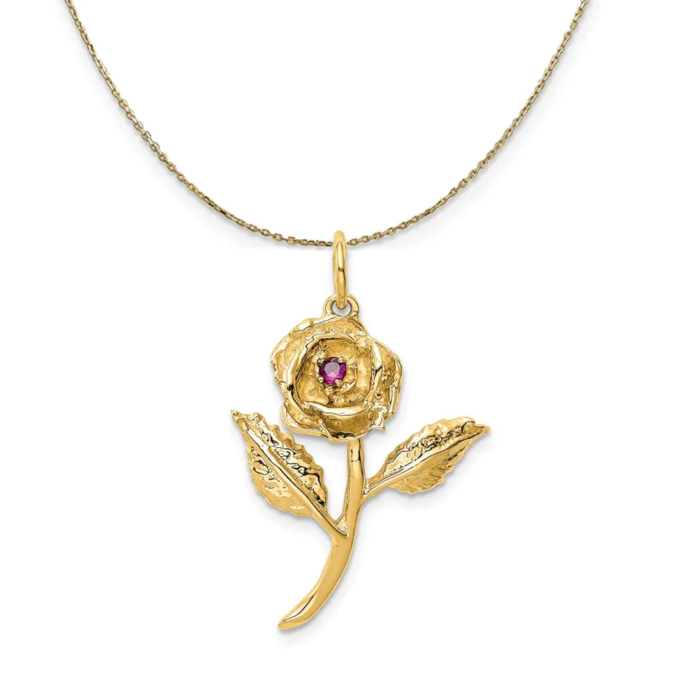 14k Yellow Gold Red Cubic Zirconia Accented 3D Rose Necklace