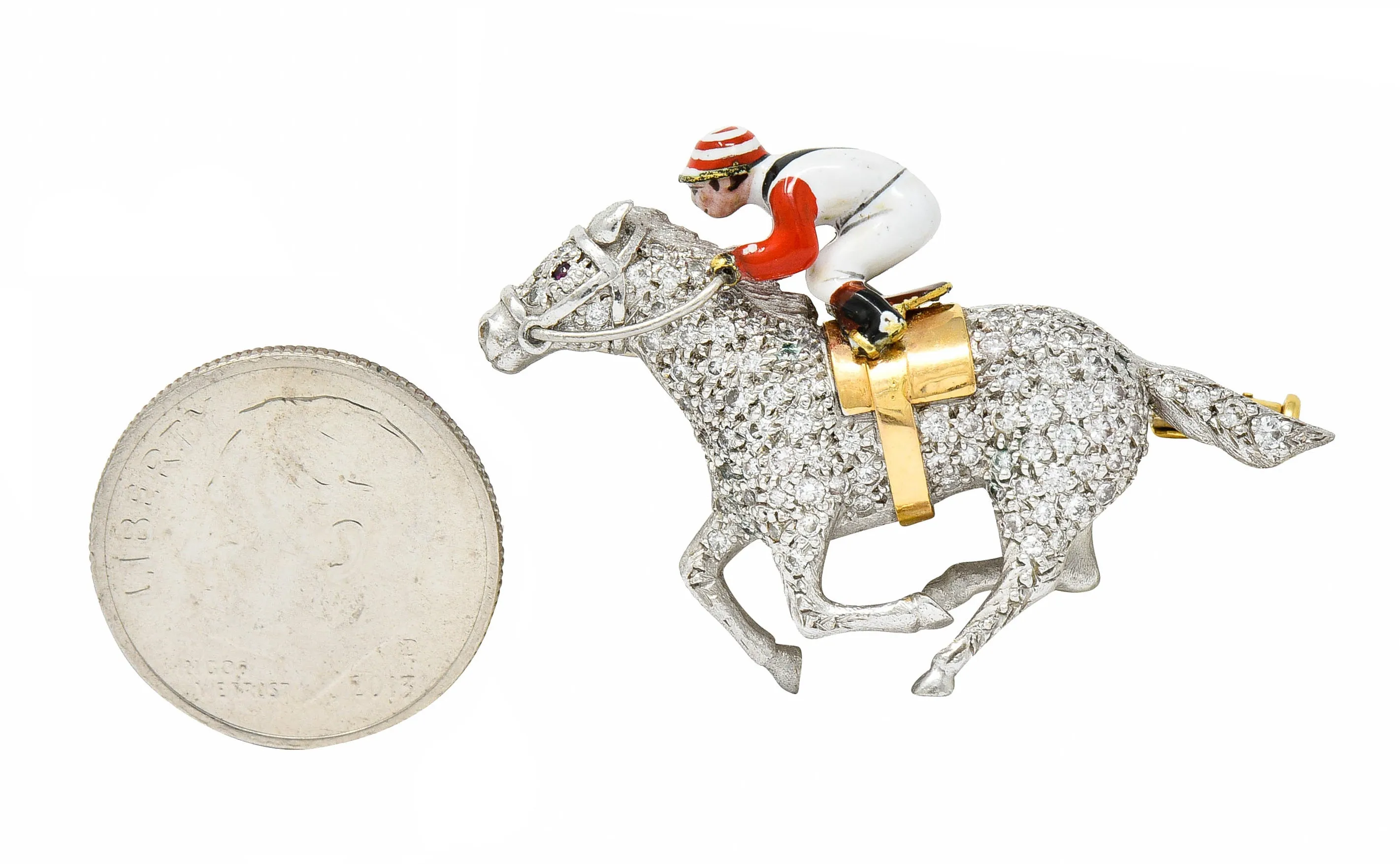 1897 E. Wolfe & Co. Enamel Pave Diamond 18 Karat White Gold Horse & Jockey Brooch