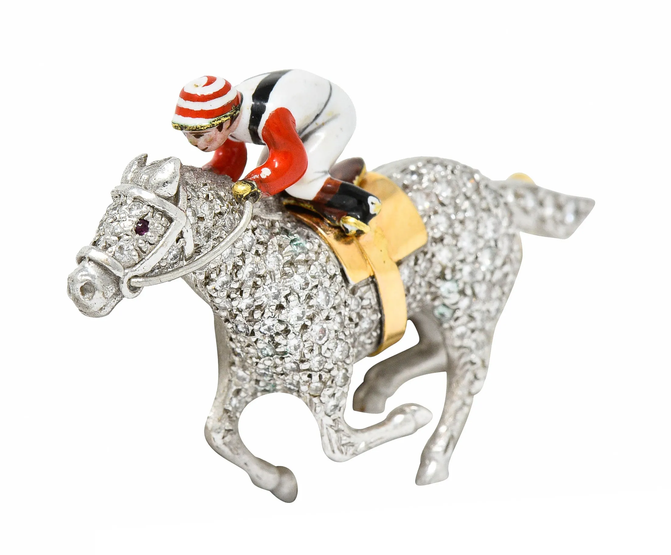 1897 E. Wolfe & Co. Enamel Pave Diamond 18 Karat White Gold Horse & Jockey Brooch