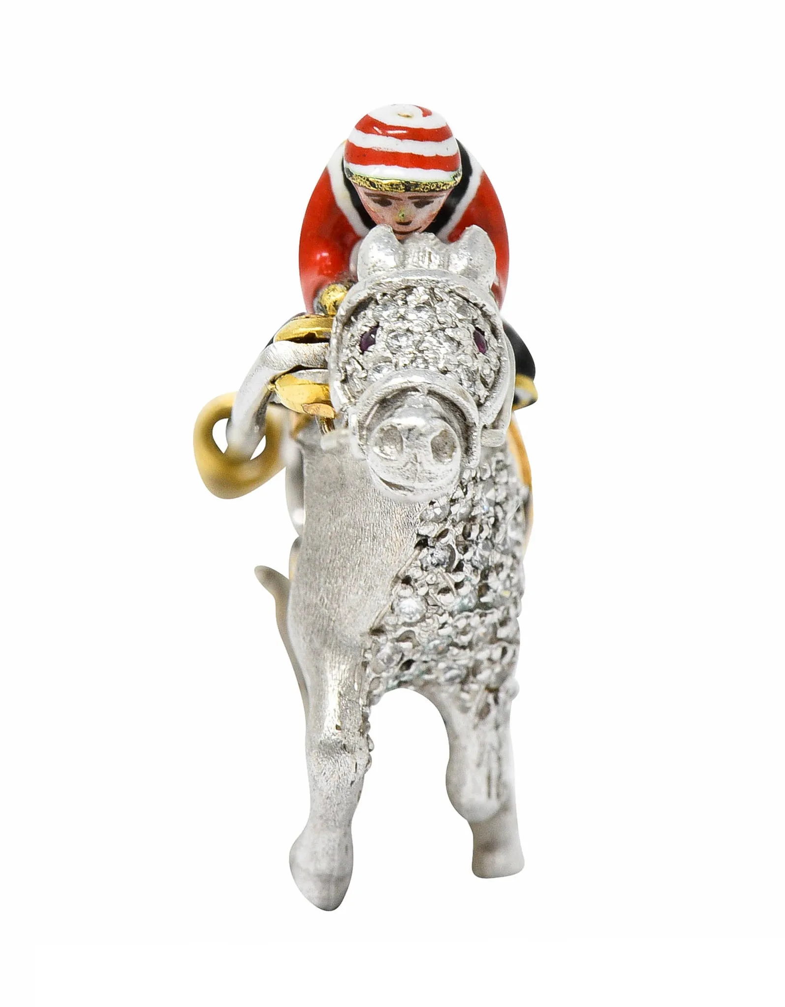 1897 E. Wolfe & Co. Enamel Pave Diamond 18 Karat White Gold Horse & Jockey Brooch