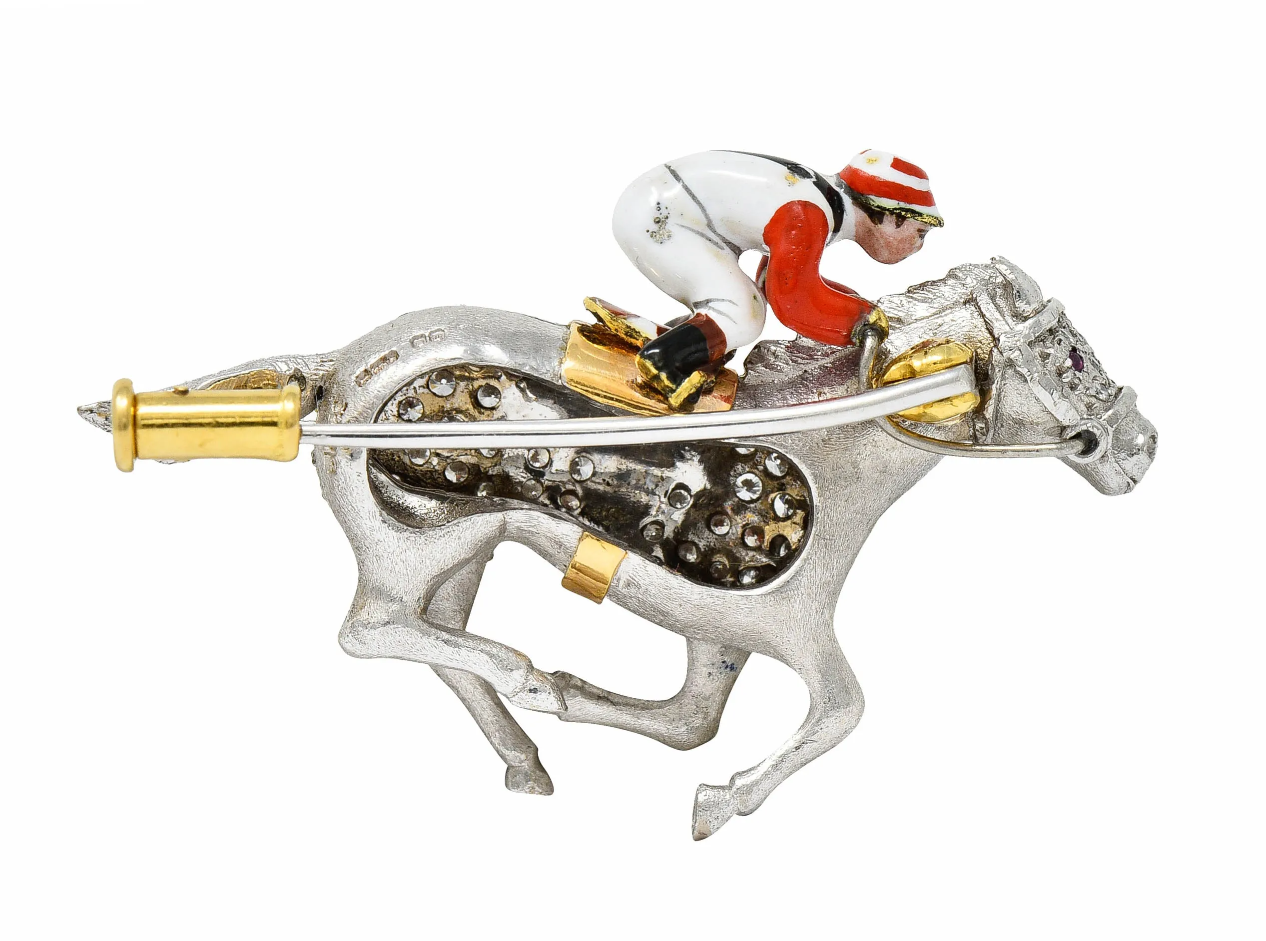 1897 E. Wolfe & Co. Enamel Pave Diamond 18 Karat White Gold Horse & Jockey Brooch