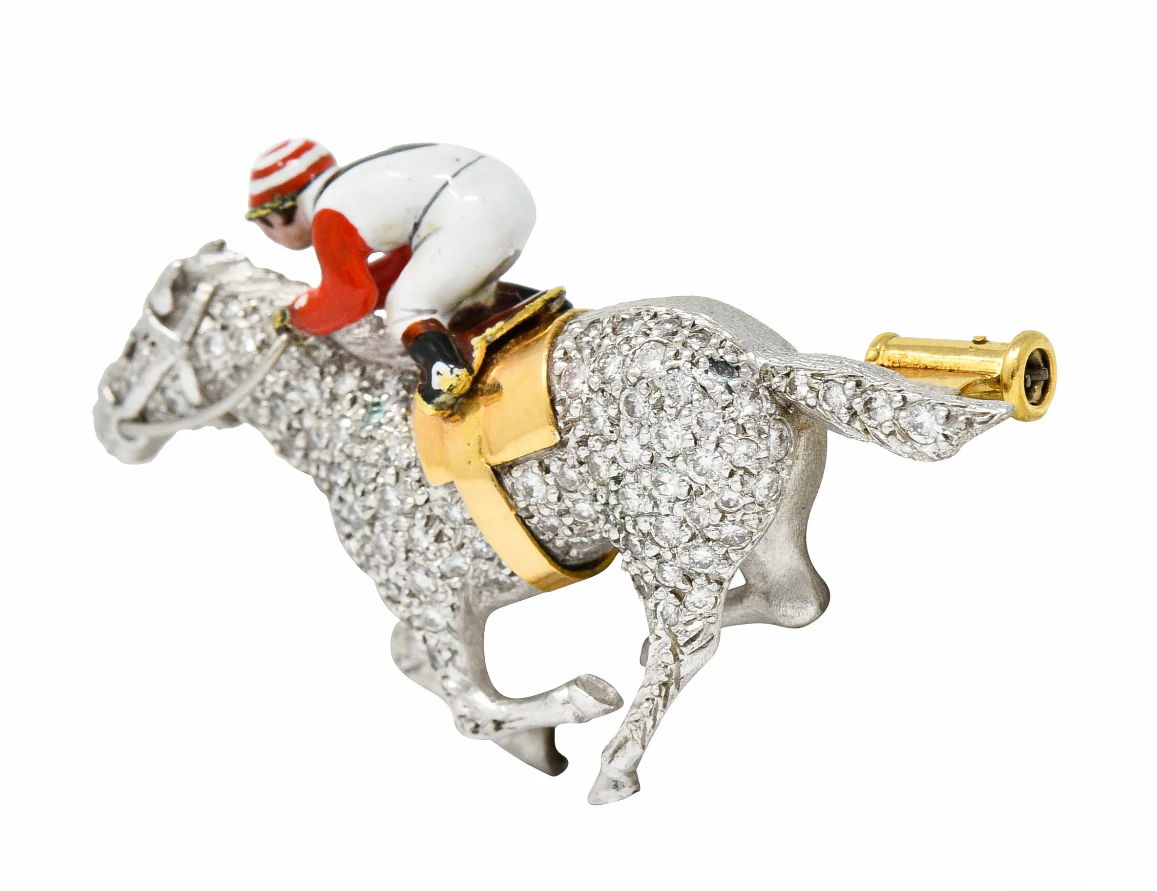 1897 E. Wolfe & Co. Enamel Pave Diamond 18 Karat White Gold Horse & Jockey Brooch