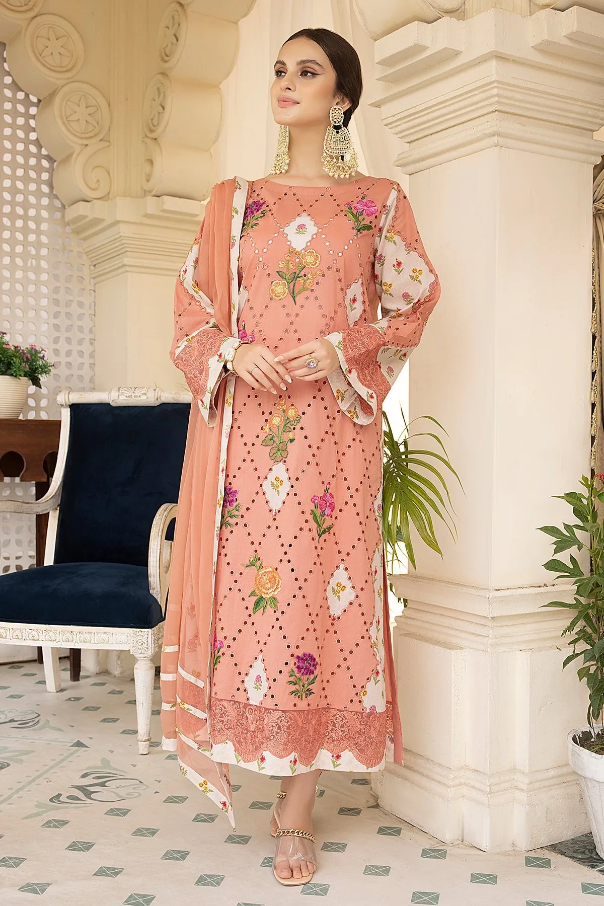 3-Pc Lawn Embroidered Shifli Shirt With Straight Trouser and Chiffon Dupatta EDP23-30