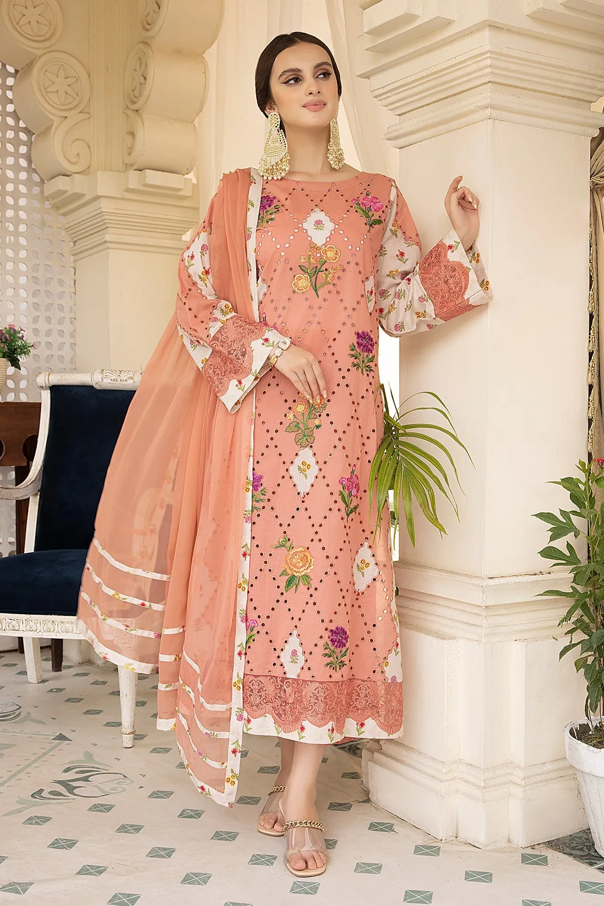 3-Pc Lawn Embroidered Shifli Shirt With Straight Trouser and Chiffon Dupatta EDP23-30