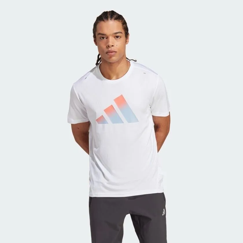 adidas Run Icons 3 Bar Mens Running T-Shirt White Fitness Top Aeroready