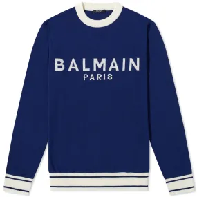 Balmain Merino Logo Intarsia Crew KnitMarine & White