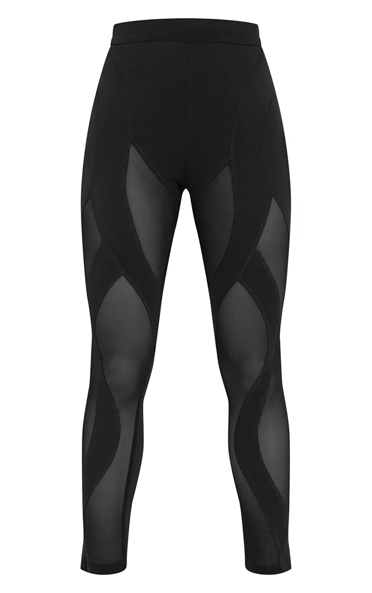 Black Abstract Mesh Panelled Detail Leggings