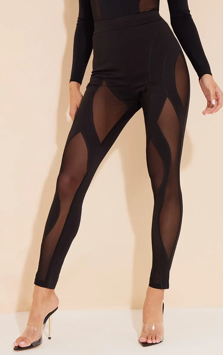 Black Abstract Mesh Panelled Detail Leggings