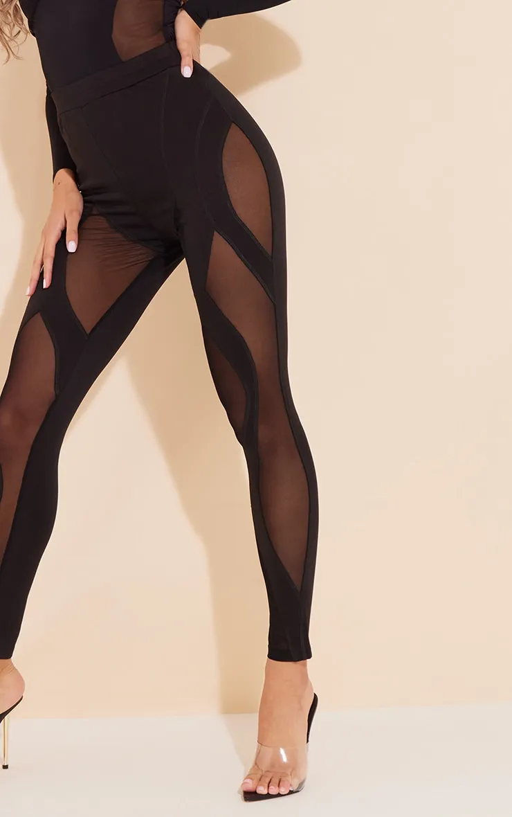 Black Abstract Mesh Panelled Detail Leggings