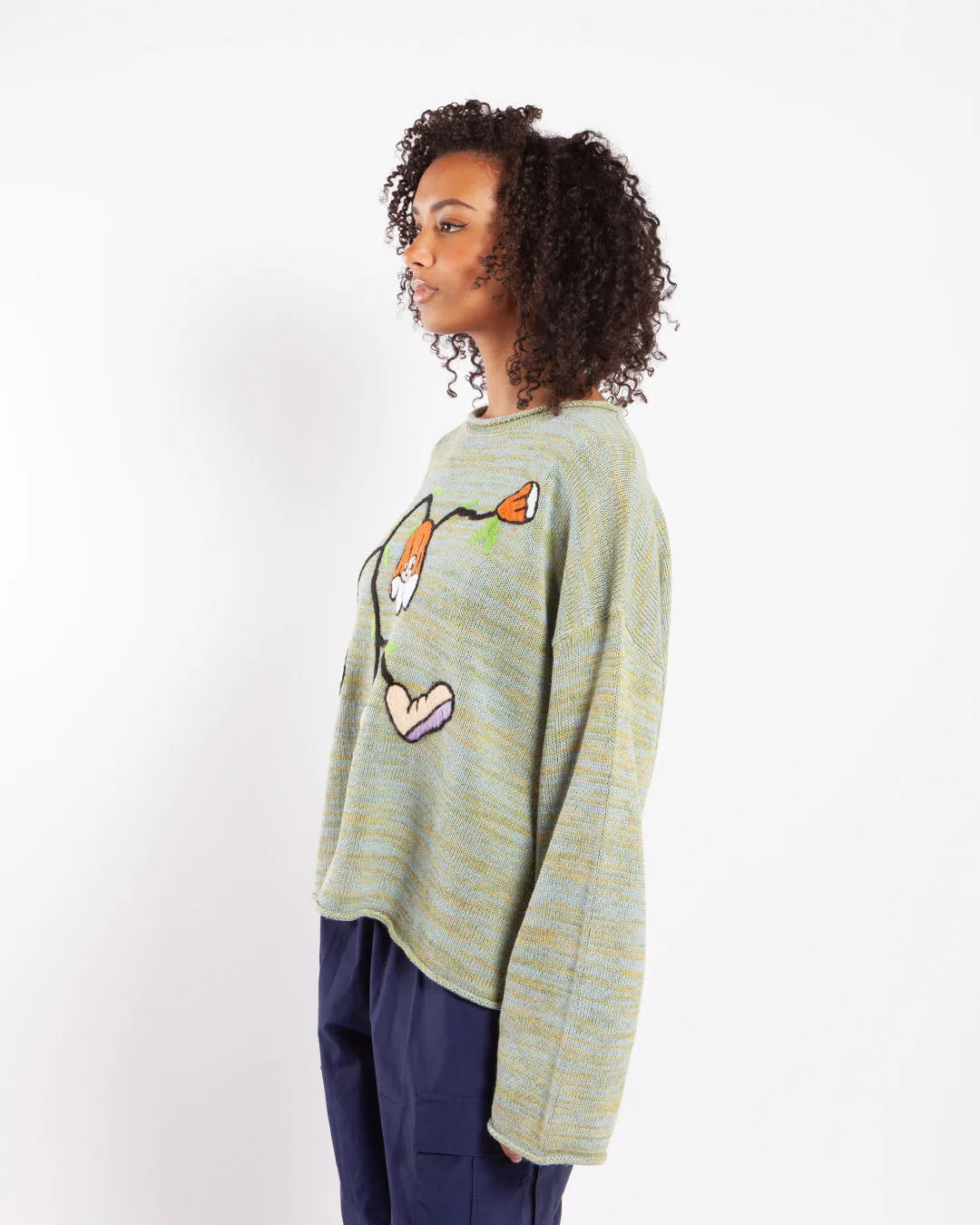 Brain Dead Blooms Cropped Marled Knit Sweater Green