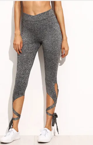 Casual pants gray sexy hips high waist tight bandage seven points cross leggings pants