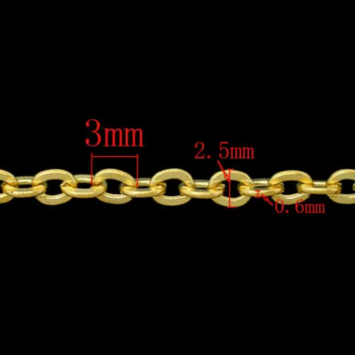 Chain, Iron, Cable Chain, Open Link, Flat, Oval, Gold Plated, 3x2.5mm