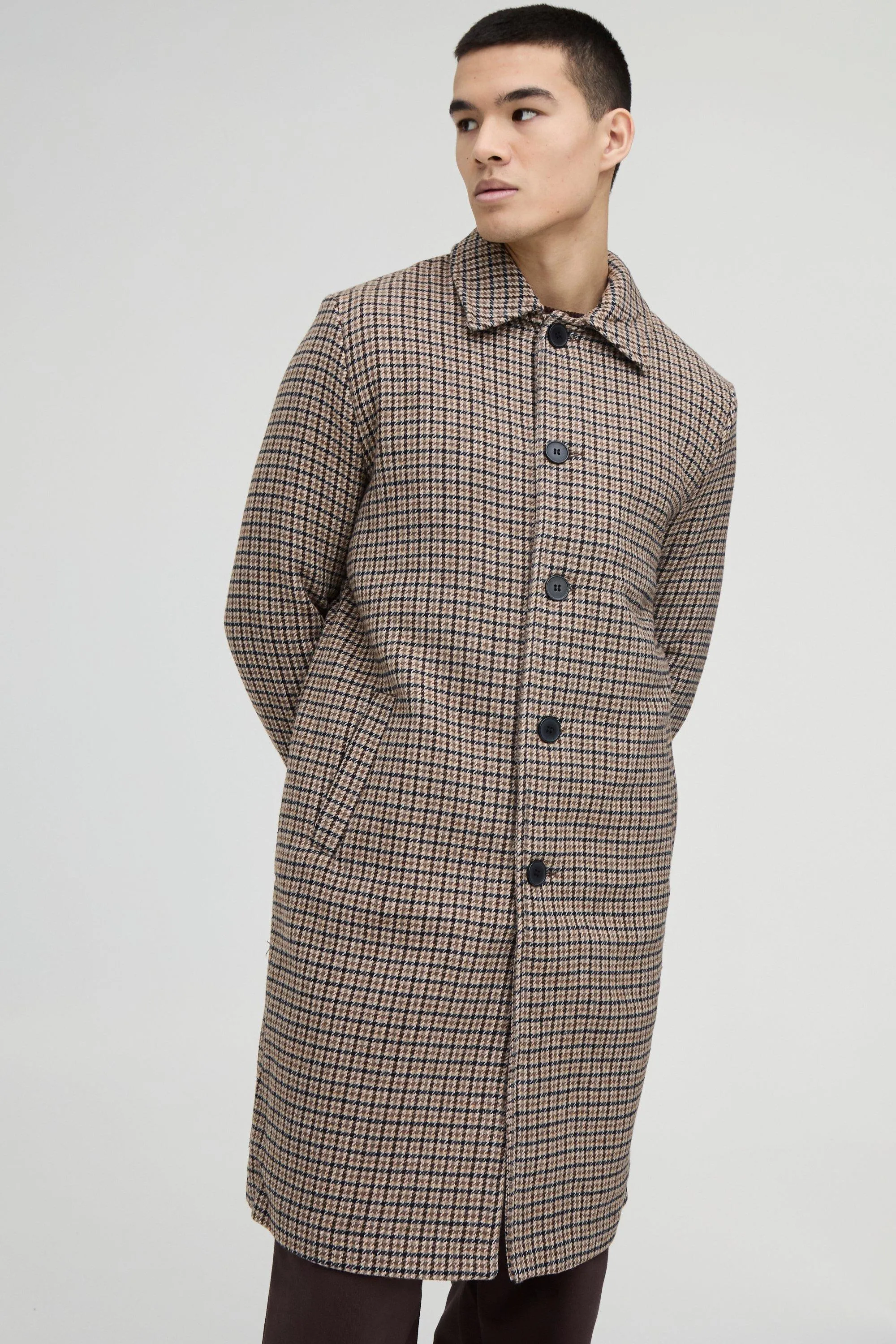 Check Collared Overcoat In Brown