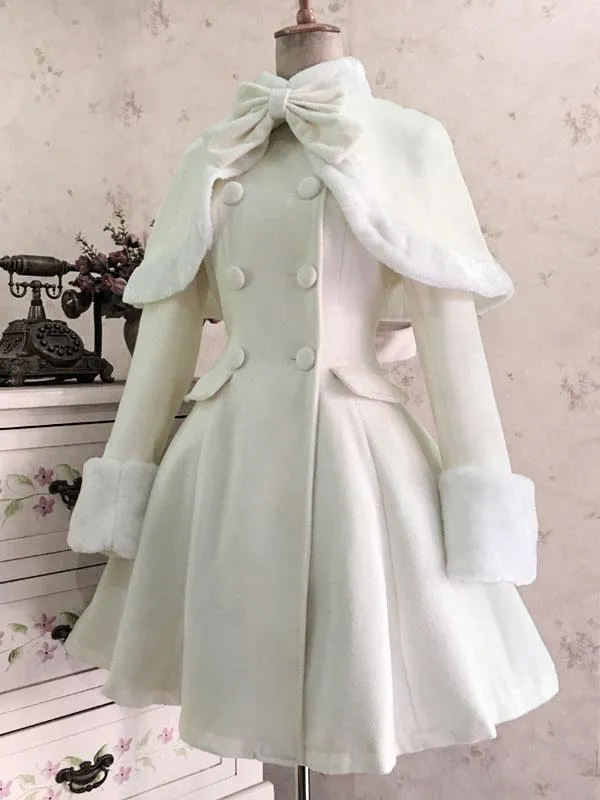 Classic Lolita Wool Coat Bow Double Breasted Furry Lolita Winter Overcoat