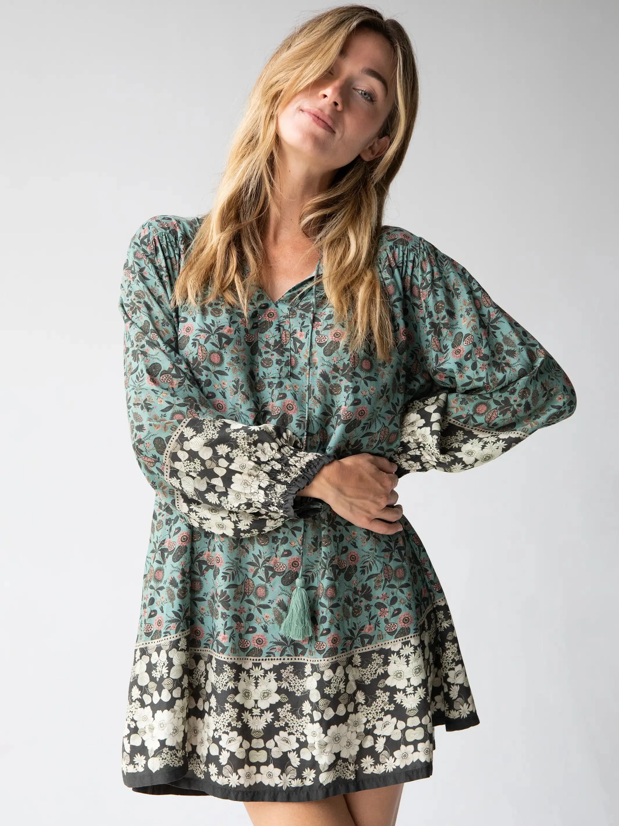 Dara V-Neck Tunic Dress - Sage Black Floral Border