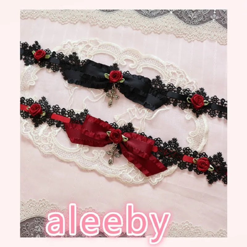 DARK LOLITA ROSE LACE CROSS CHOKER BY13010