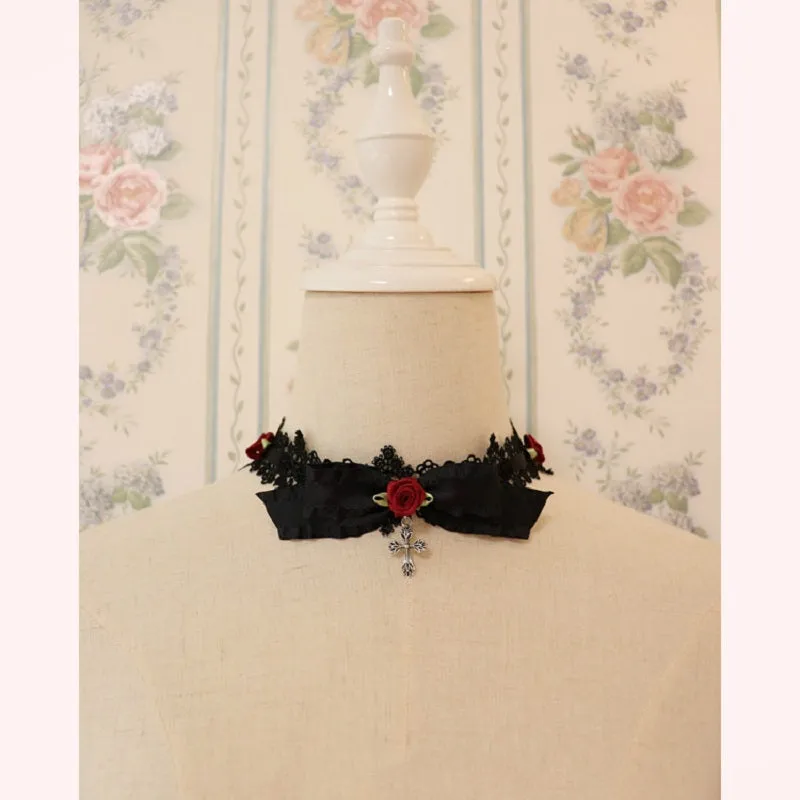 DARK LOLITA ROSE LACE CROSS CHOKER BY13010