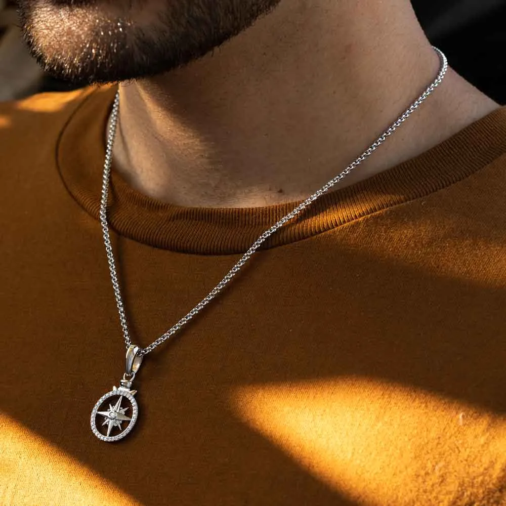 Diamond Open Compass Necklace Pendant & Cable Chain