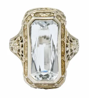 Early Art Deco Aquamarine 14 Karat White Gold Floral Lace Ring