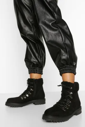 Faux Fur Cuff Chunky Combat Boots