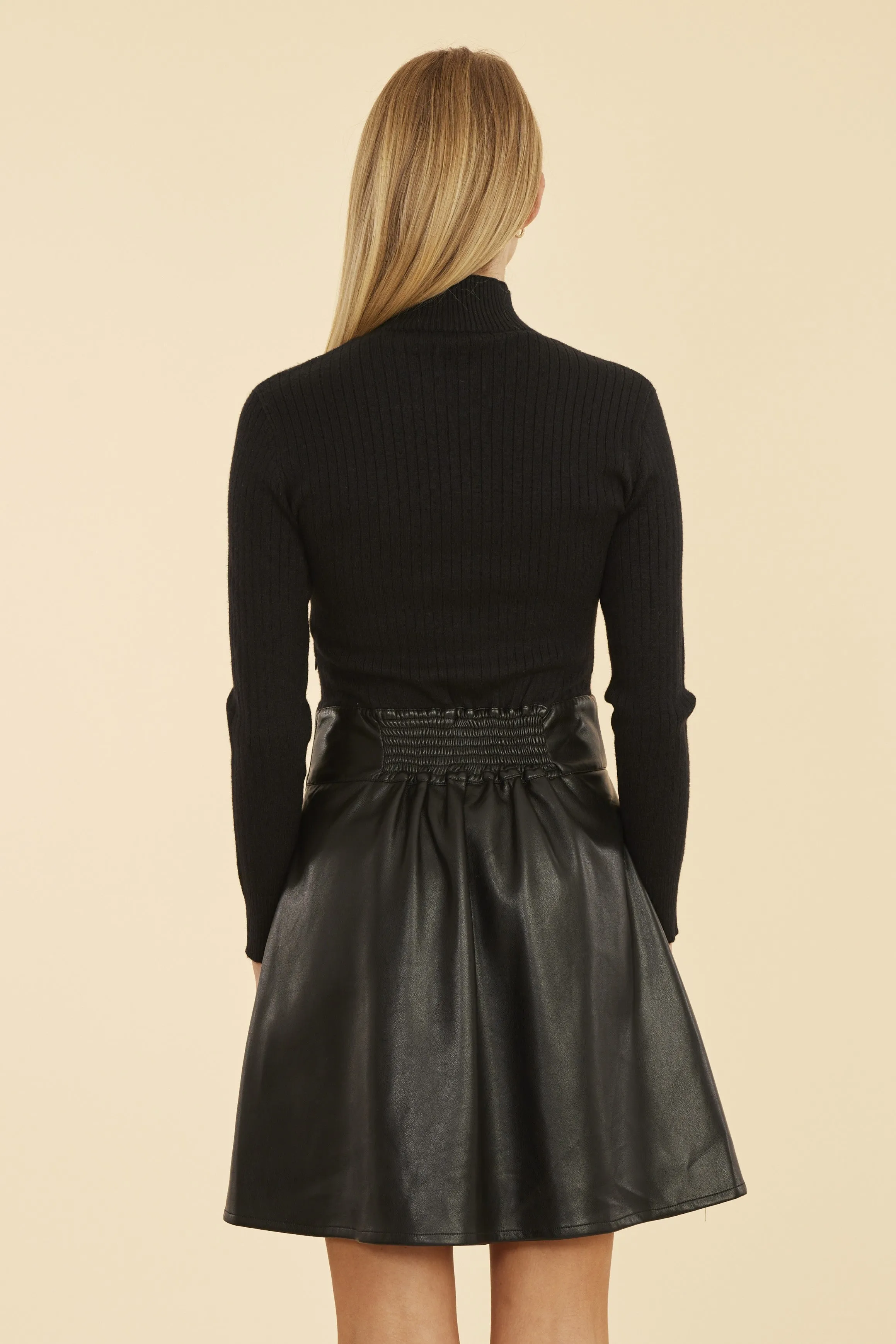 Faux Leather & Knit Turtleneck Dress