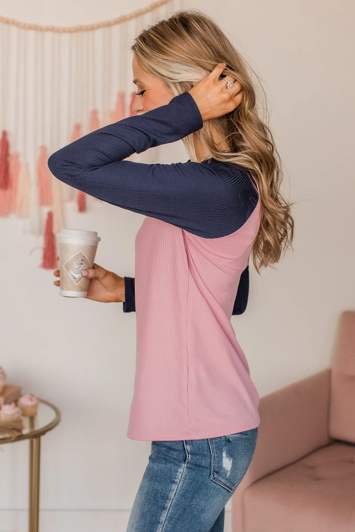 Filled With Love Long Sleeve Raglan Top- Pink & Navy