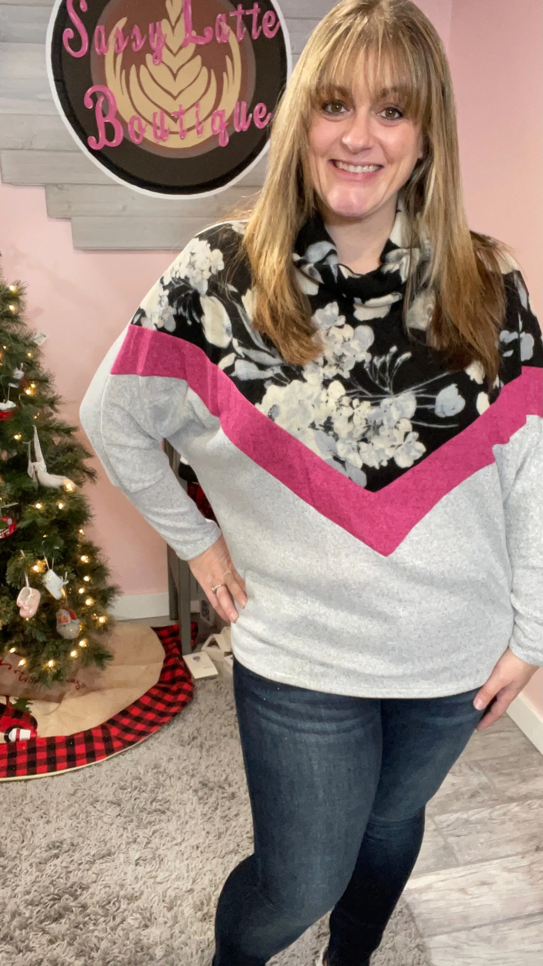 Floral Chevron Cowlneck Sweater