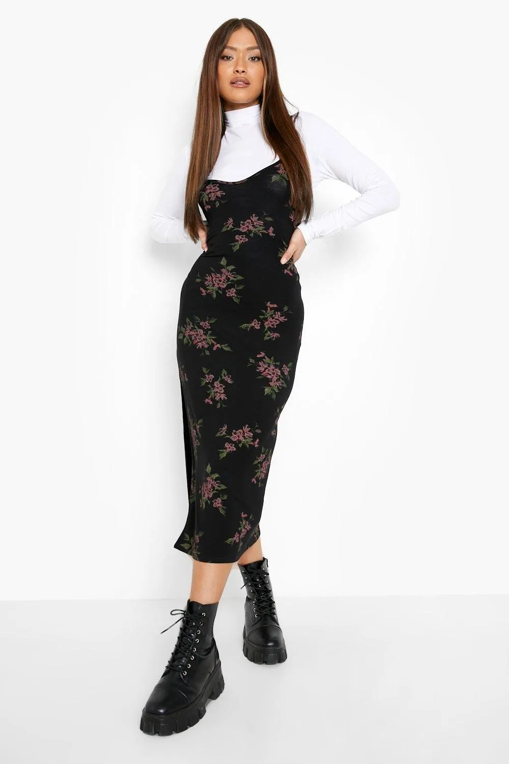 Floral Print Slip Dress And Turtleneck Top