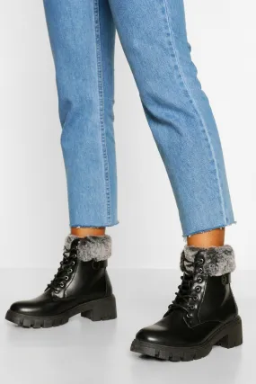 Fur Collar Chunky Combat Boots