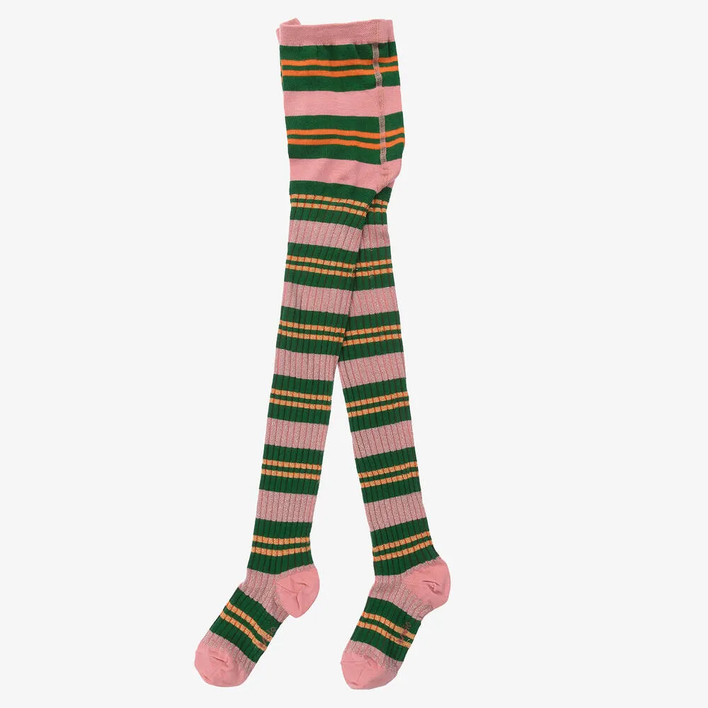 Girls Pink & Green Striped Tights