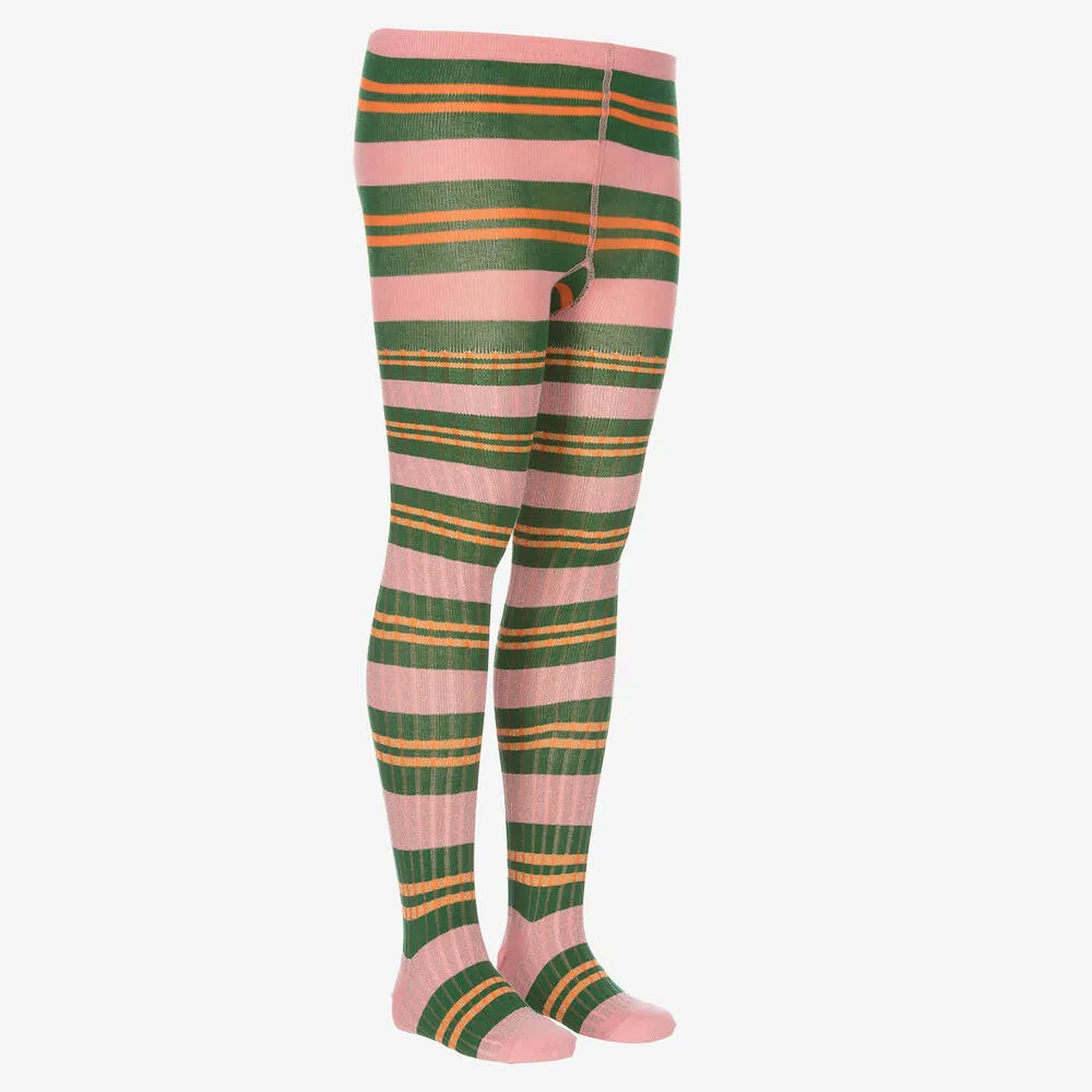 Girls Pink & Green Striped Tights