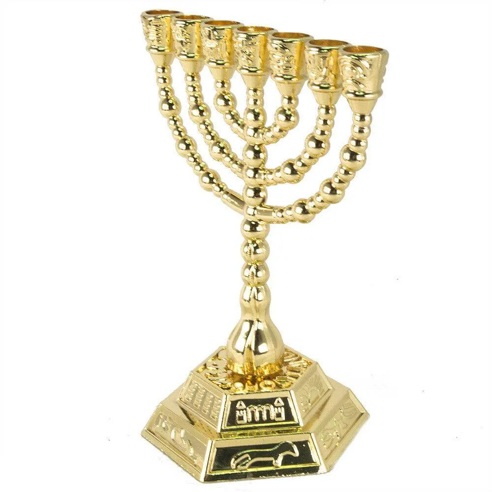 Gold Plated Menorah 7 Branch Candle Holder 12 Tribes Jerusalem Judaica 4.7