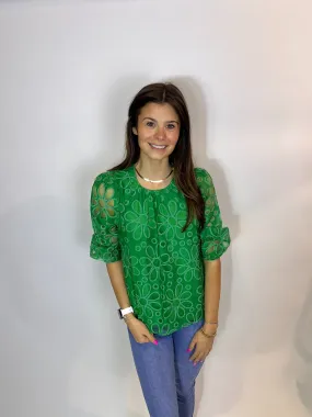 Green Flower Lace Top