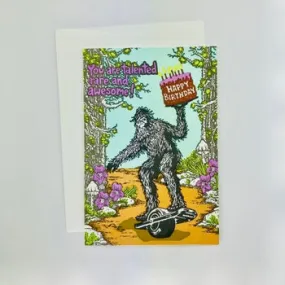 Happy Birthday Sasquatch Riding a One Wheel Card