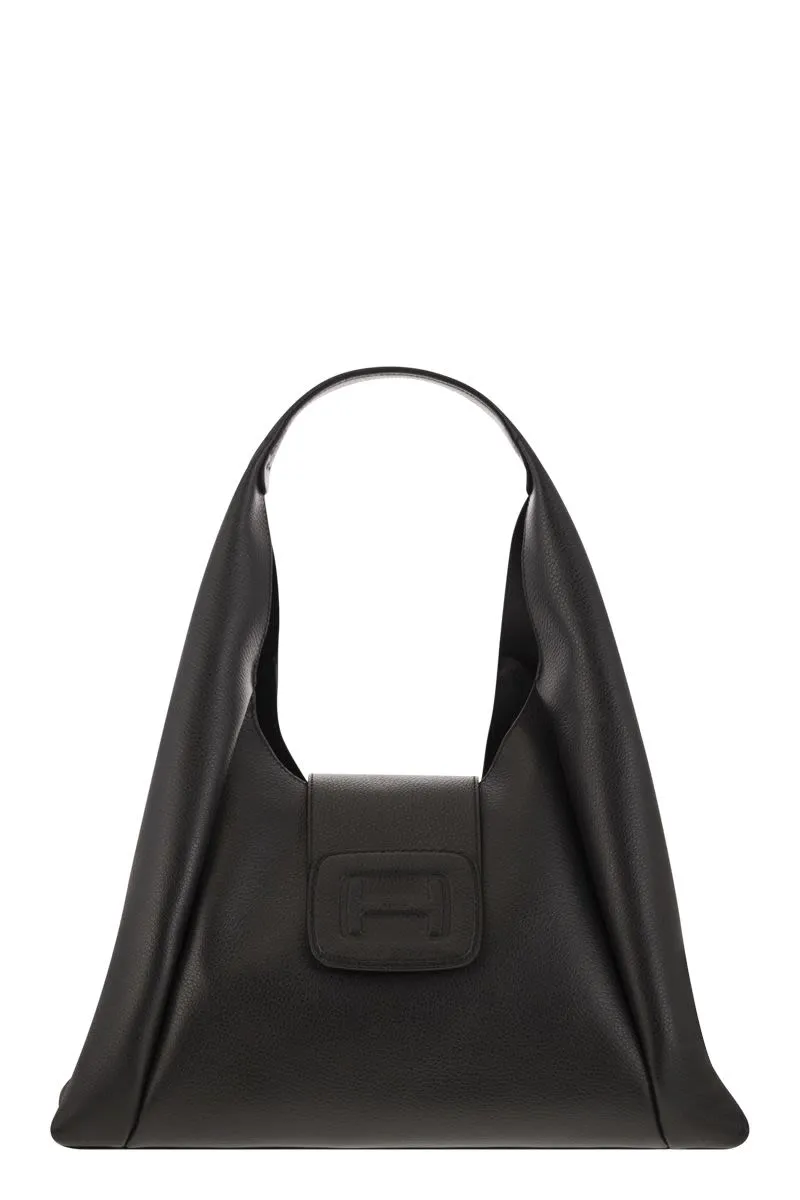 HOGAN Cool and Feminine Hobo Handbag with Embossed Maxi H in Grained Leather