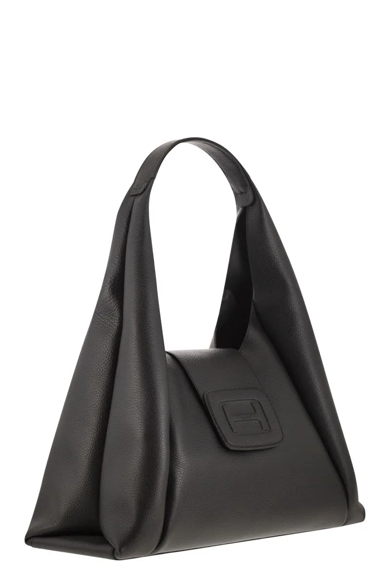 HOGAN Cool and Feminine Hobo Handbag with Embossed Maxi H in Grained Leather