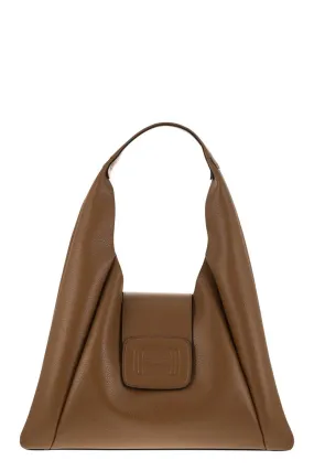 HOGAN Cool and Feminine Hobo Handbag with Embossed Maxi H in Grained Leather