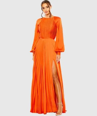 Ieena for Mac Duggal Orange Pleated High Neck Raglan Long Sleeve Side Slit Wedding Guest Maxi Gown In