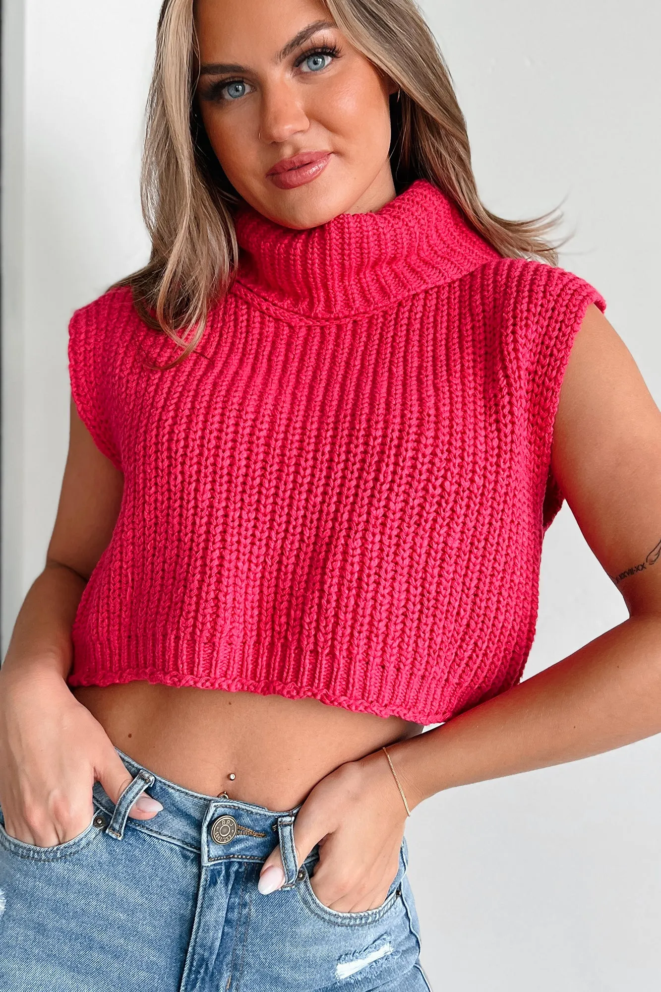 In My Fun Era Sleeveless Crop Turtleneck Sweater (Hot Pink)