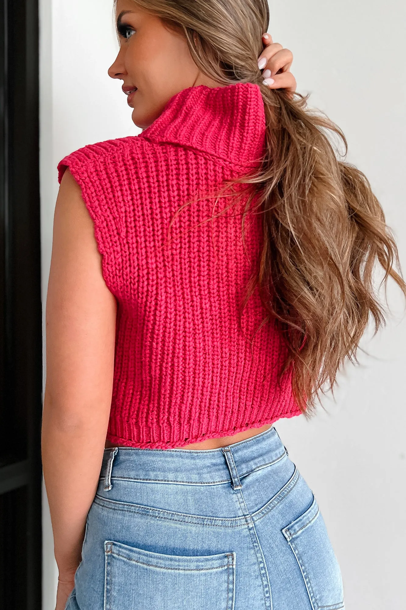 In My Fun Era Sleeveless Crop Turtleneck Sweater (Hot Pink)