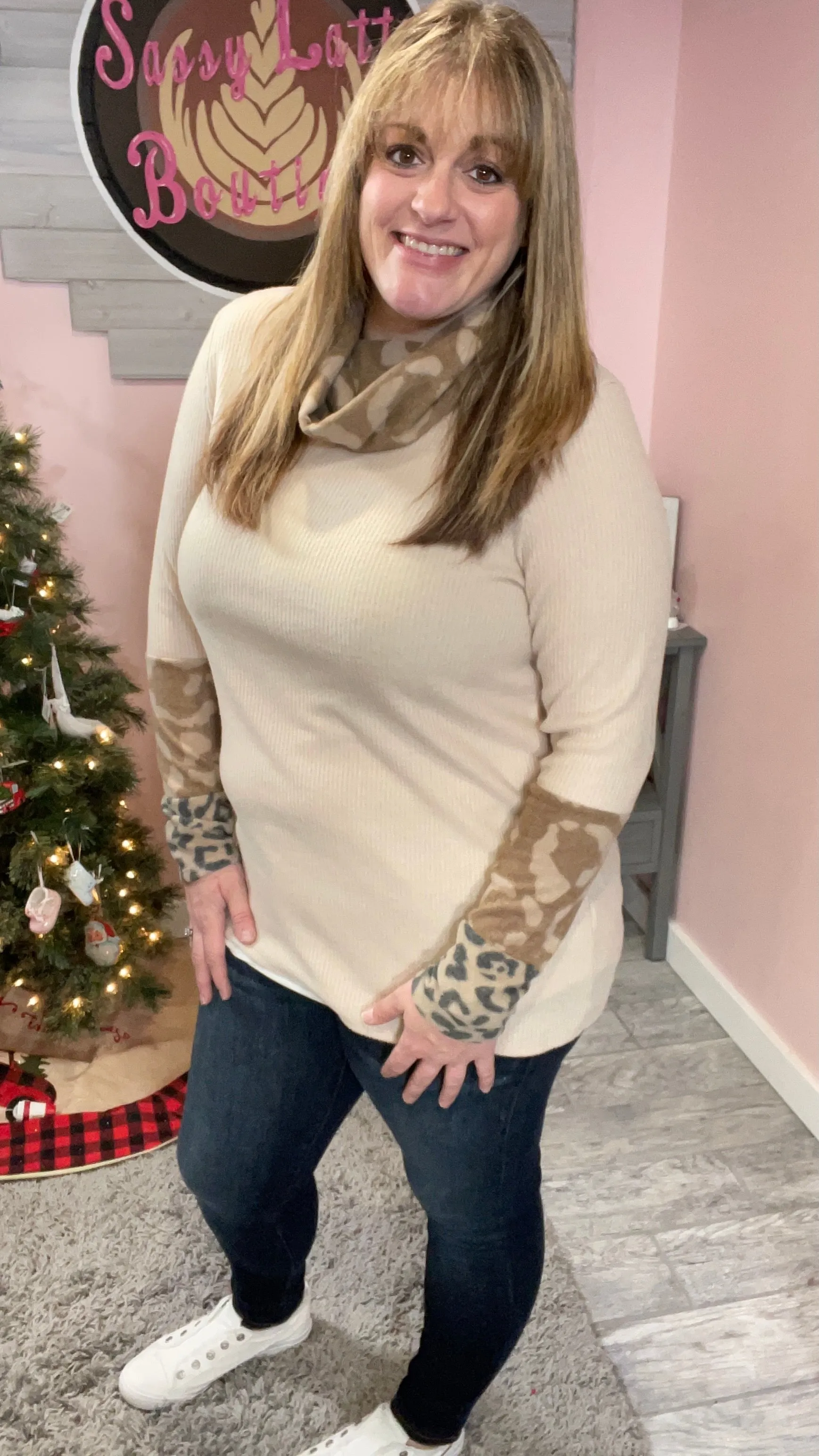 Leopard Accent Cowlneck Sweater